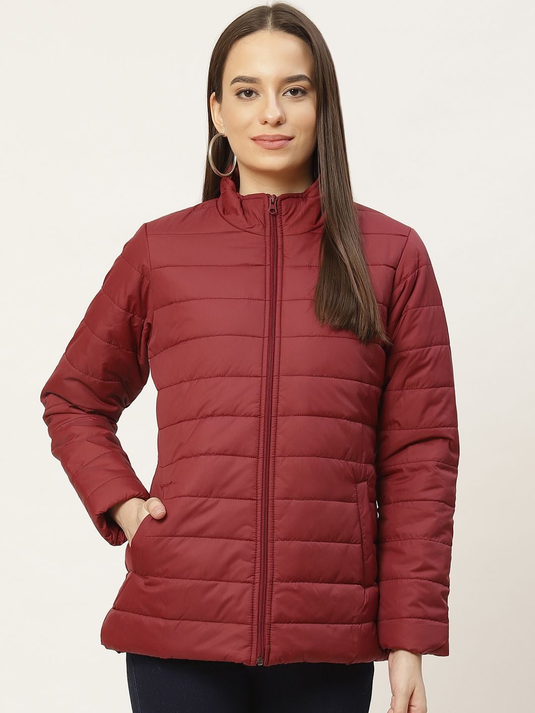 Duke Women Maroon Solid Padded Jacket Price in India