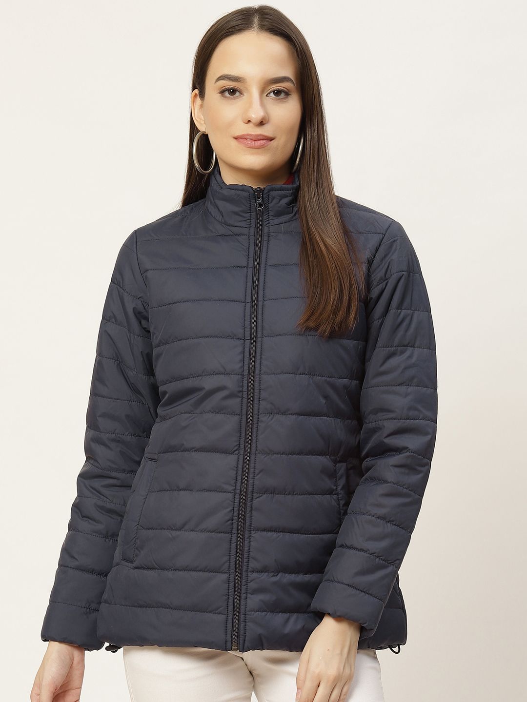 Duke Women Navy Blue Solid Padded Jacket Price in India