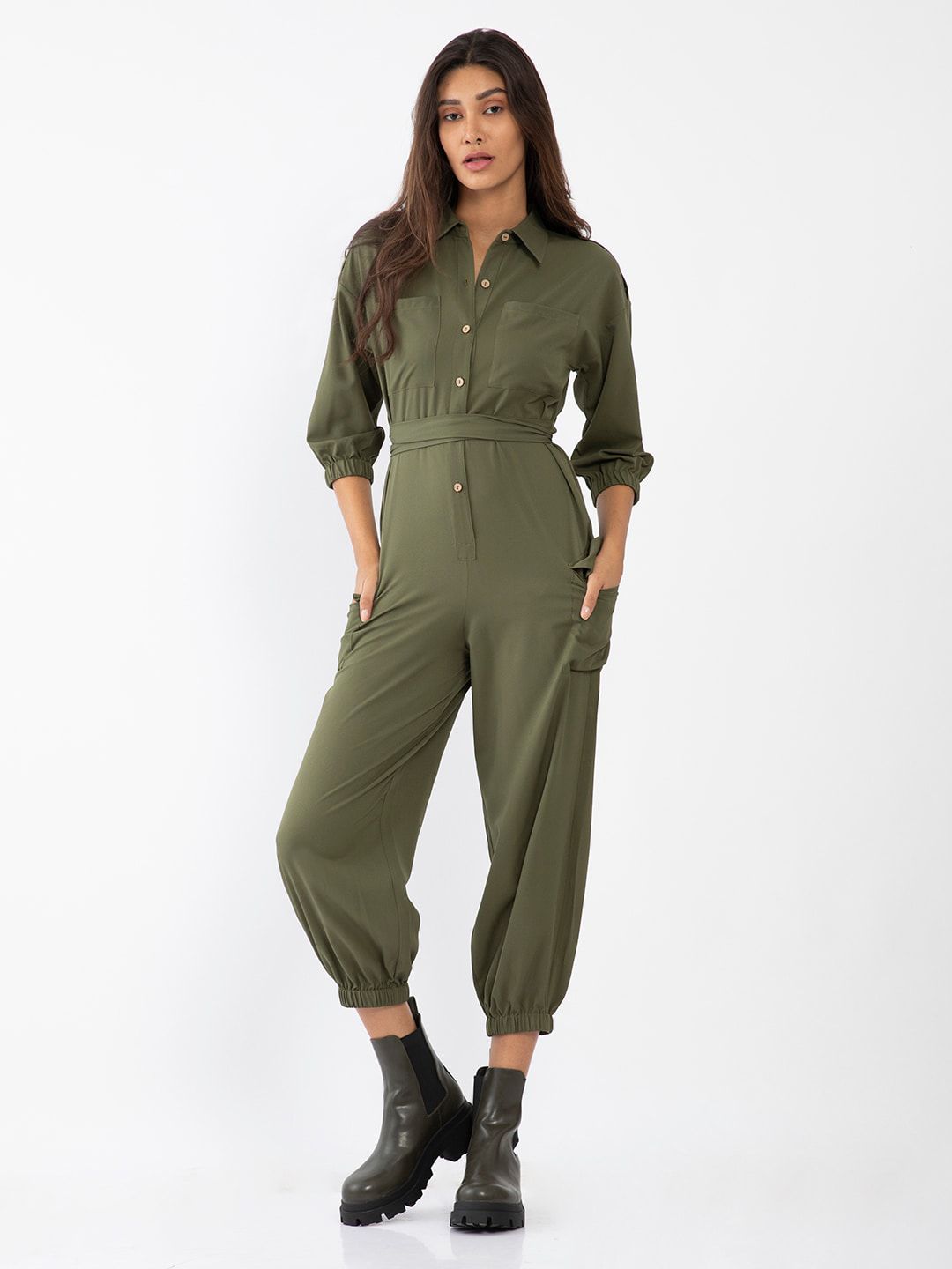Zink London Olive Green Basic Jumpsuit Price in India