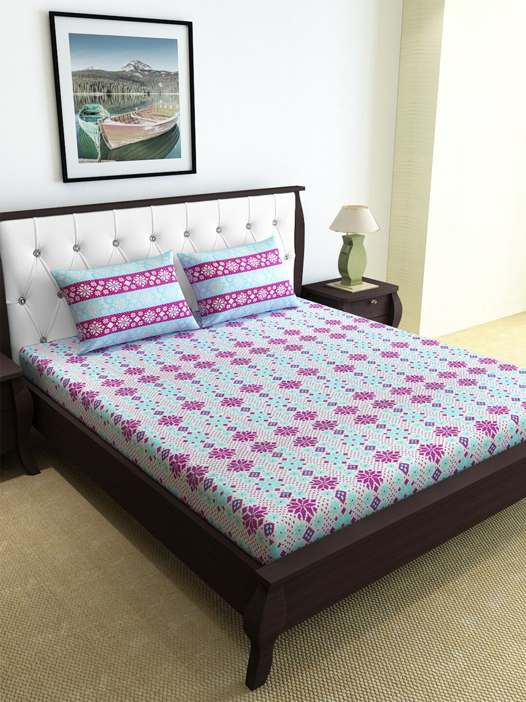 Divine Casa Off White & Magenta Geometric 144 TC Queen Bedsheet with 2 Pillow Covers Price in India