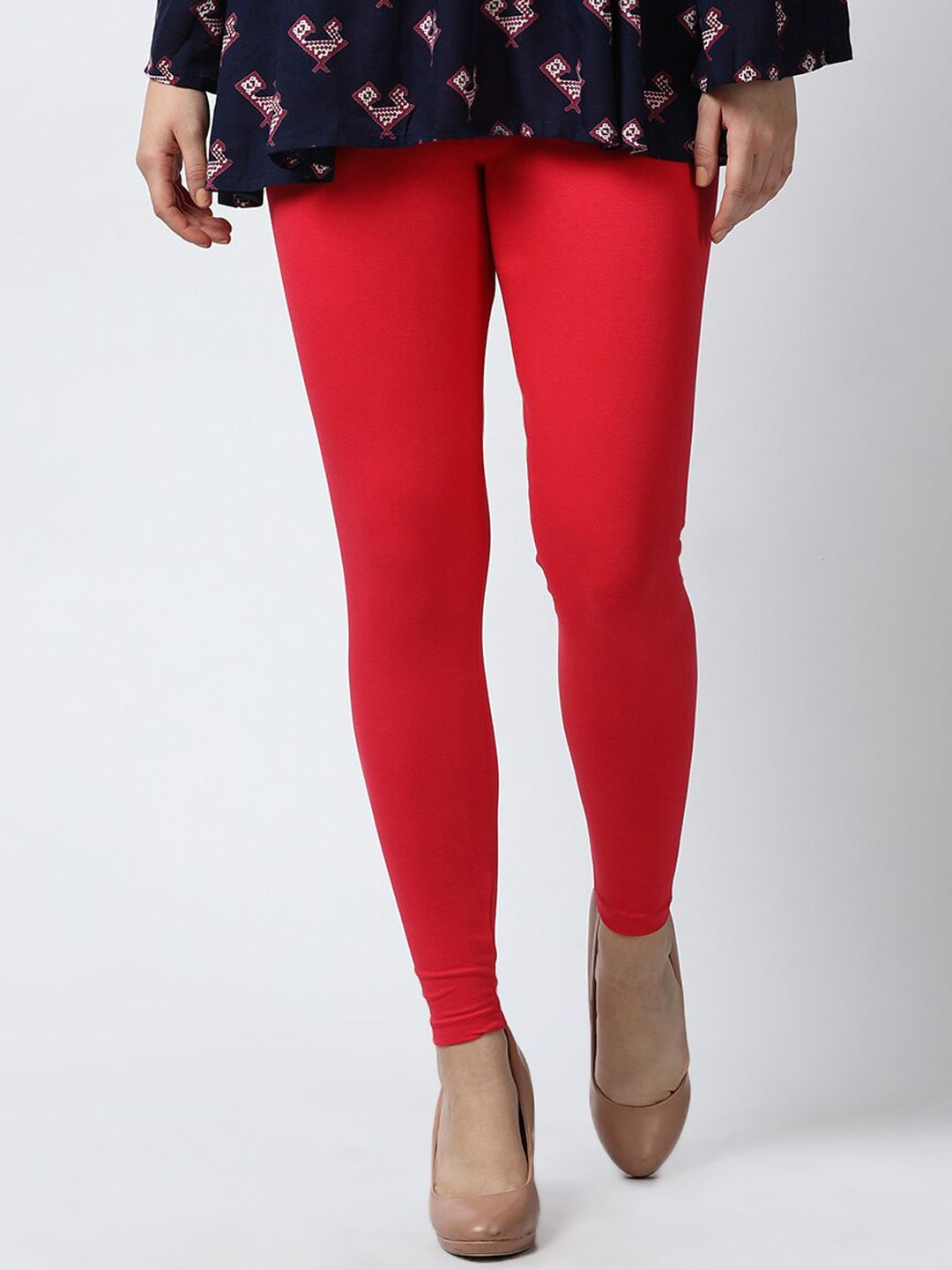 GOLDSTROMS Women Red Solid Cotton Ankle-Length Leggings Price in India