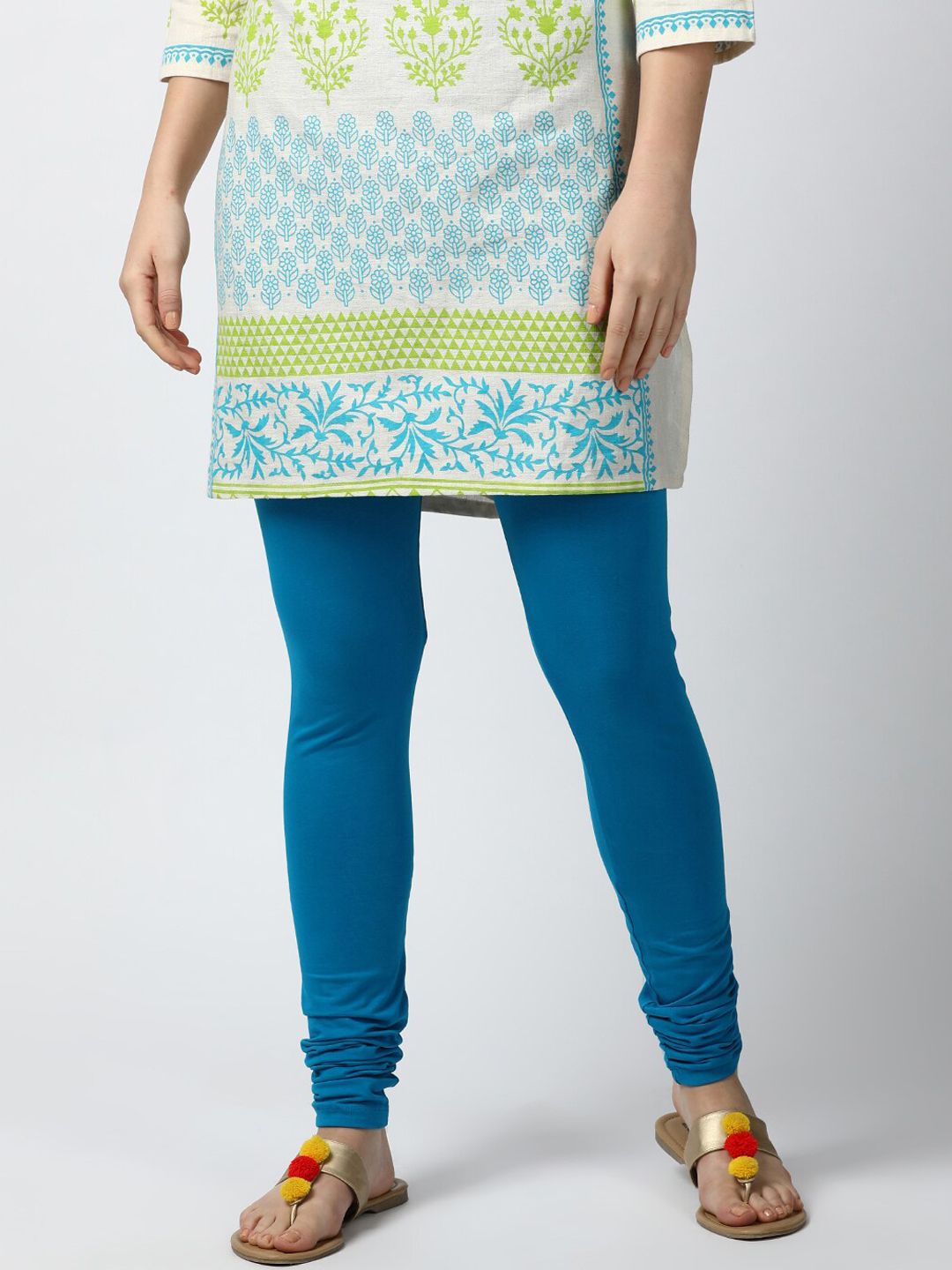 GOLDSTROMS Women Turquoise Blue Solid Cotton Churidar-Length Leggings Price in India