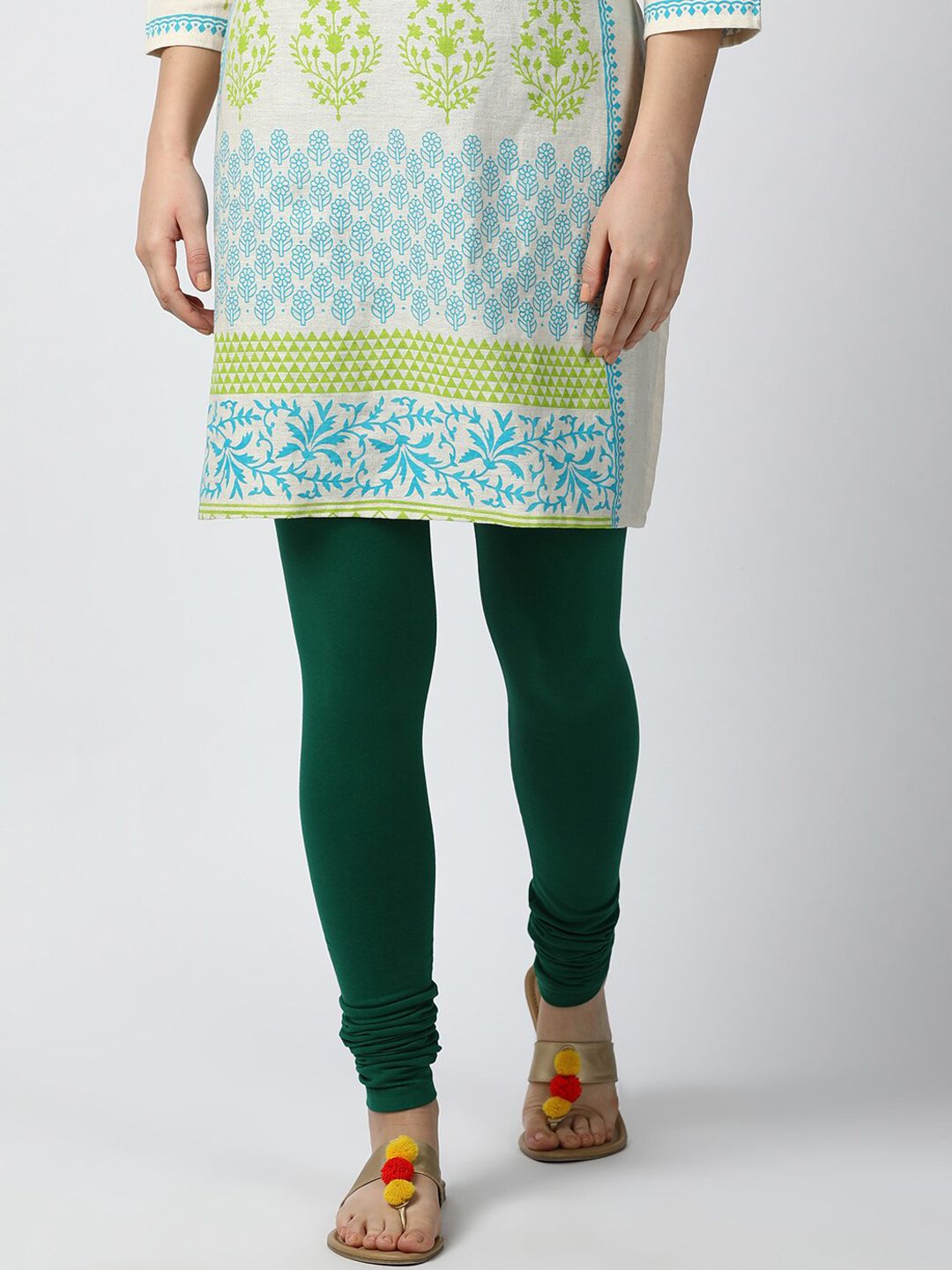 GOLDSTROMS Women Green Solid Churidar-Length Cotton Leggings Price in India