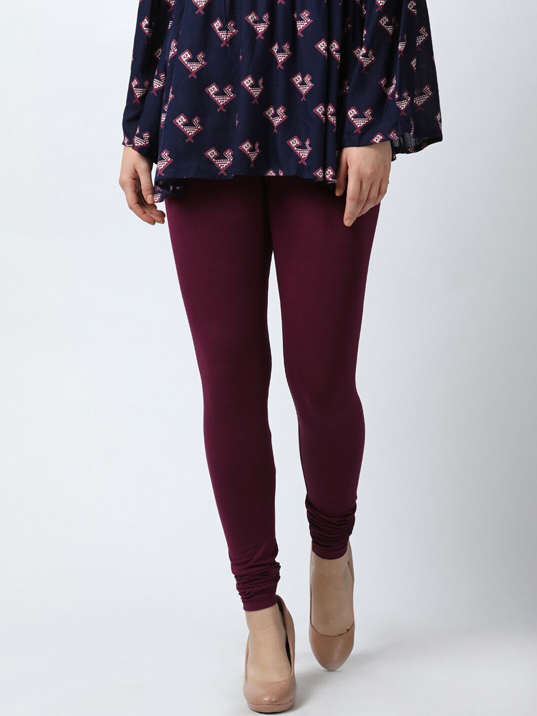 GOLDSTROMS Women Maroon Solid Cotton Churidar-Length Leggings Price in India