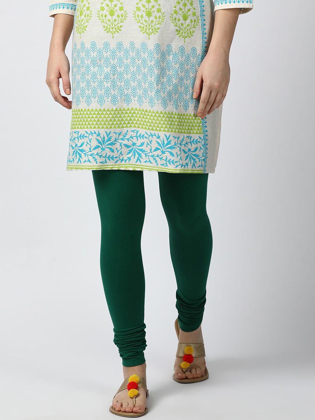 GOLDSTROMS Women Green Solid Cotton Churidar-Length Leggings Price in India