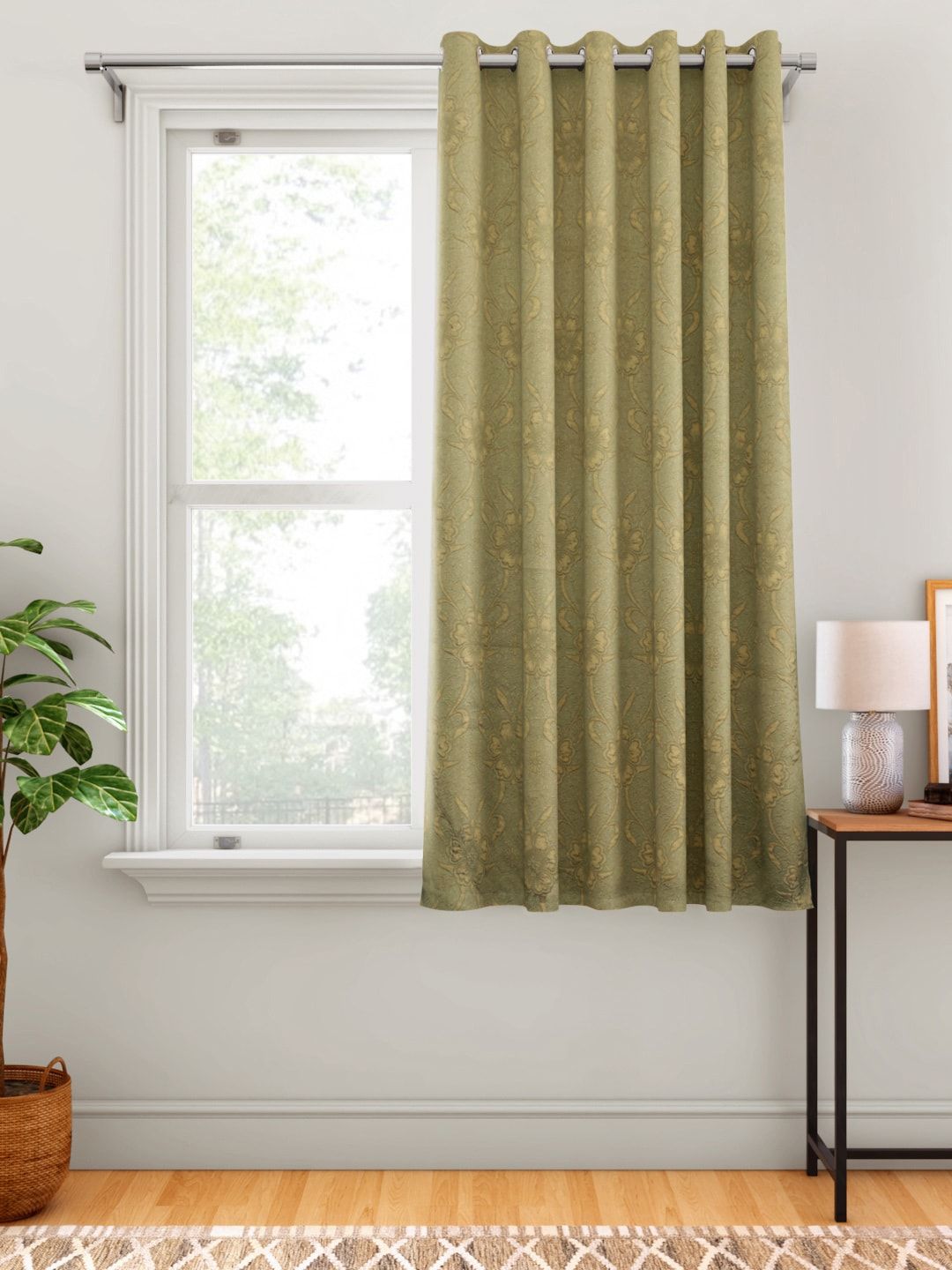 Aura Olive Green Floral Patterned Window Curtain Price in India