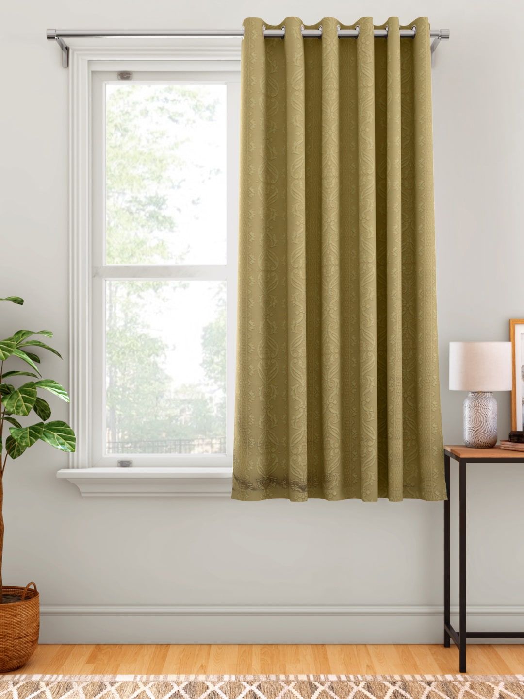 Aura Olive Green Ethnic Motif Patterned Window Curtain Price in India