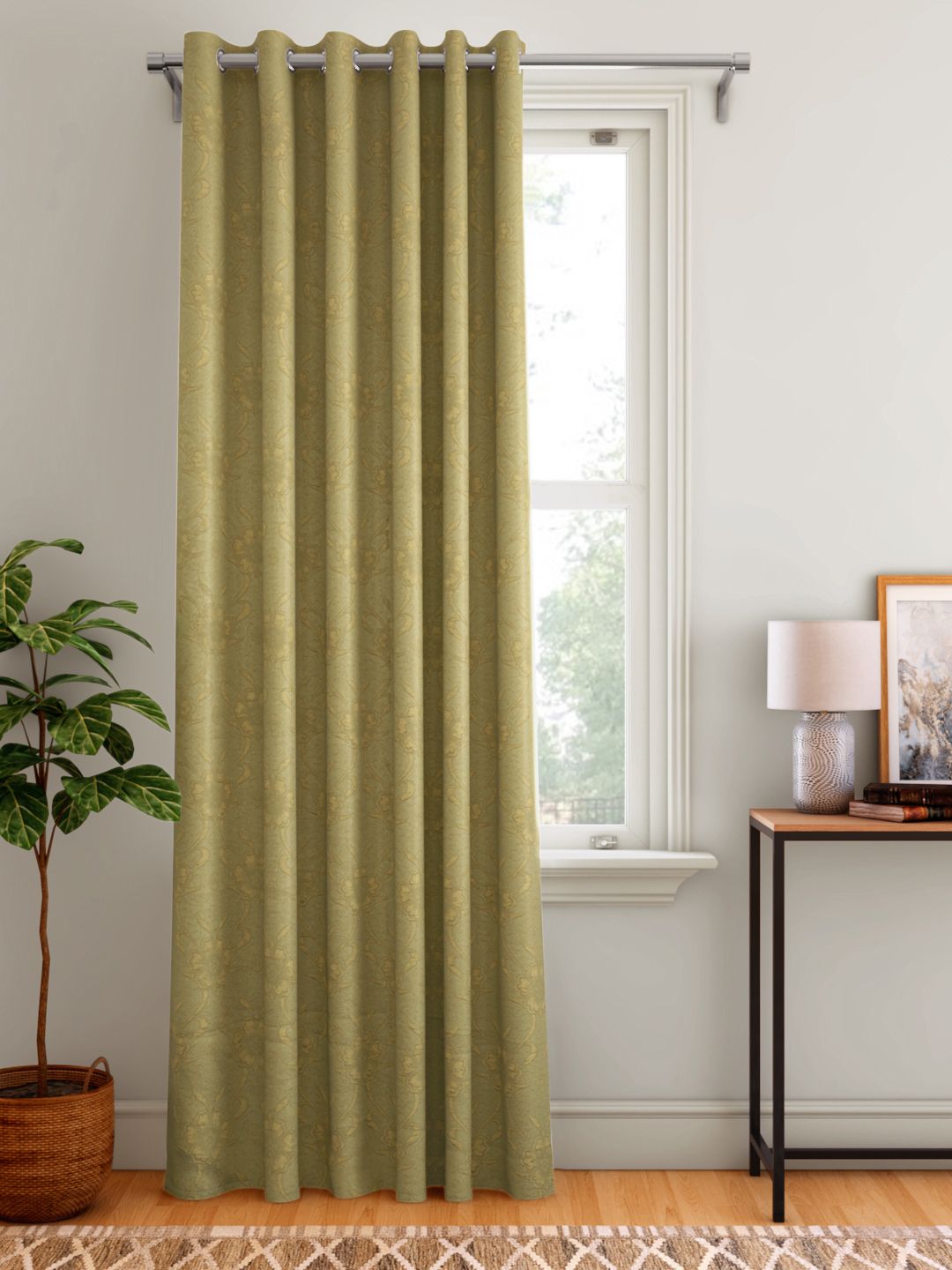 Aura Olive Green Floral Patterned Door Curtain Price in India
