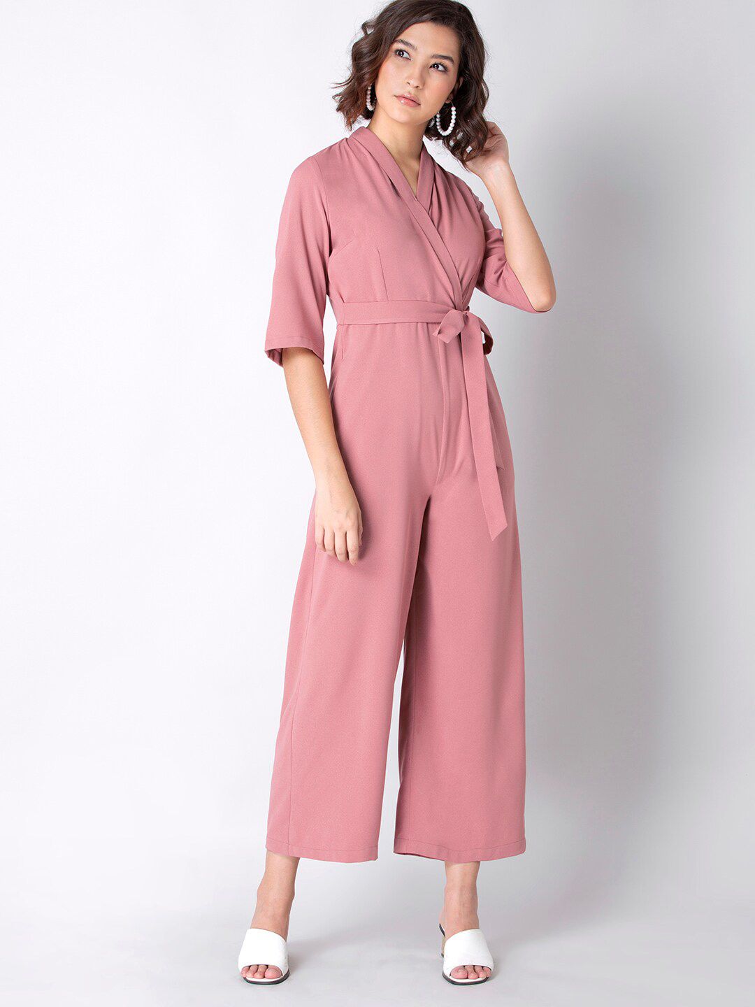 FabAlley Women Pink Solid Jumpsuit With Tie-Up Belt Price in India