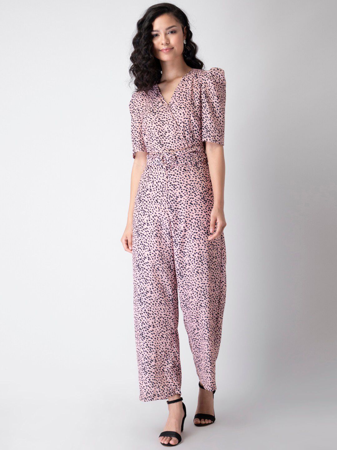 FabAlley Women Pink & Black Printed Jumpsuit With Belt Price in India