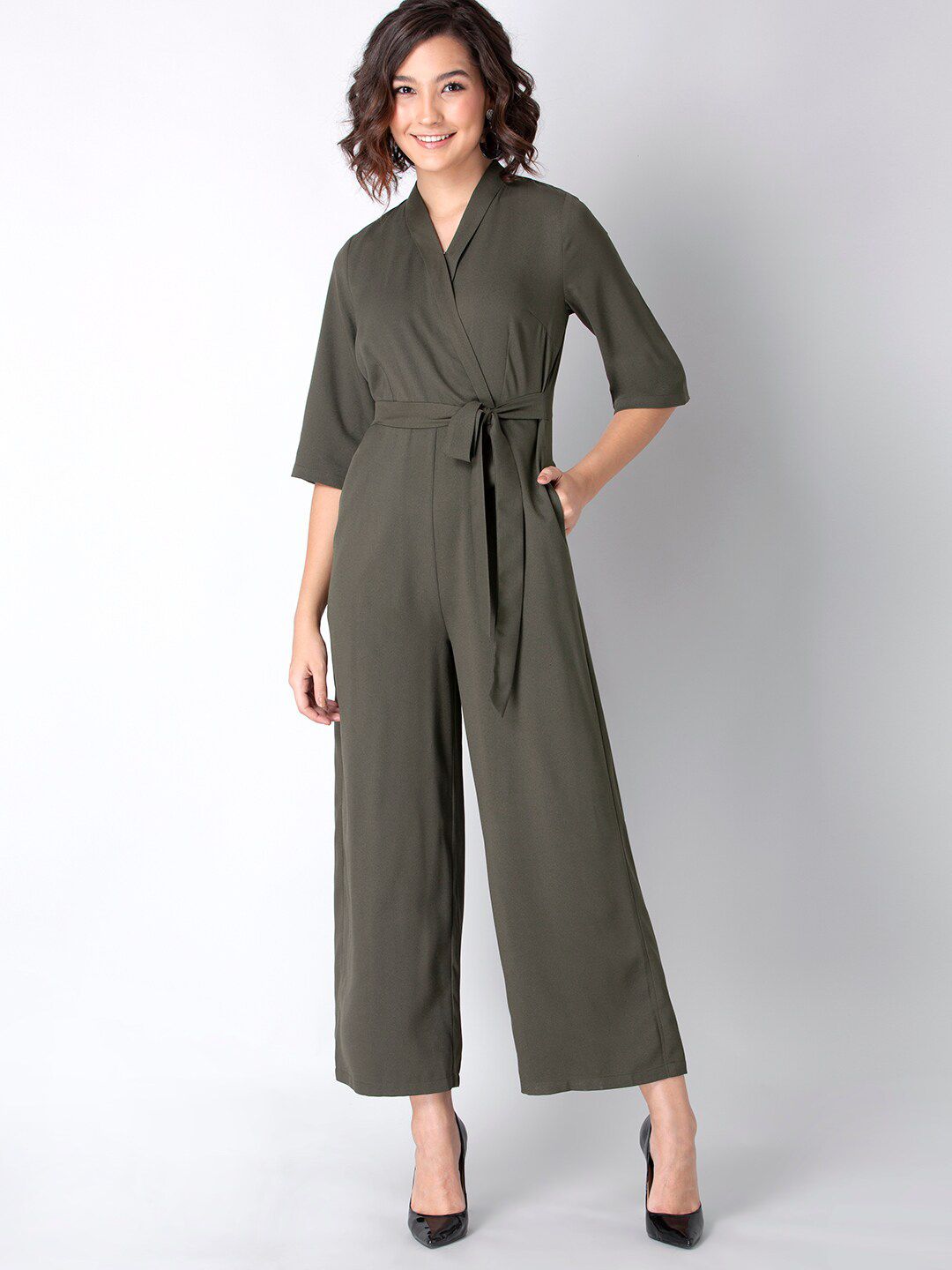 FabAlley Women Olive Solid Jumpsuit With Tie-Up Belt Price in India