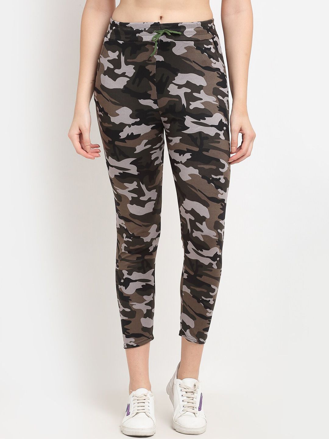 TAG 7 Women Grey & Beige Camouflage Printed Trousers Price in India