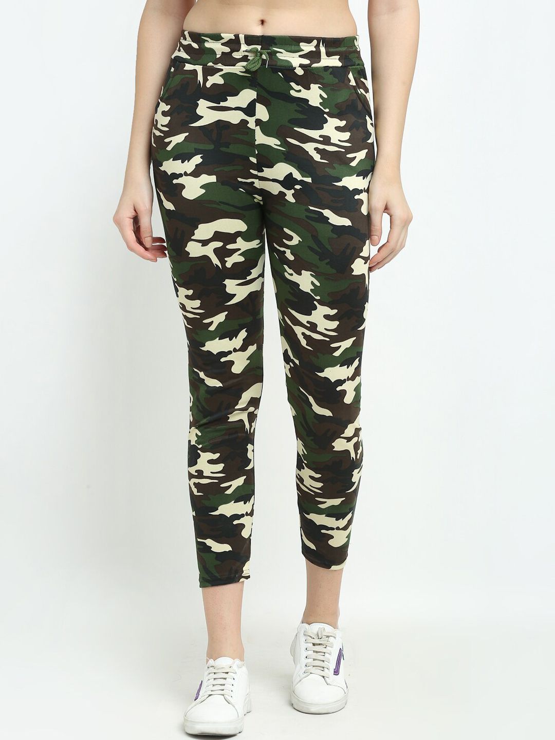 TAG 7 Women Green & Beige Camouflage Printed Trousers Price in India