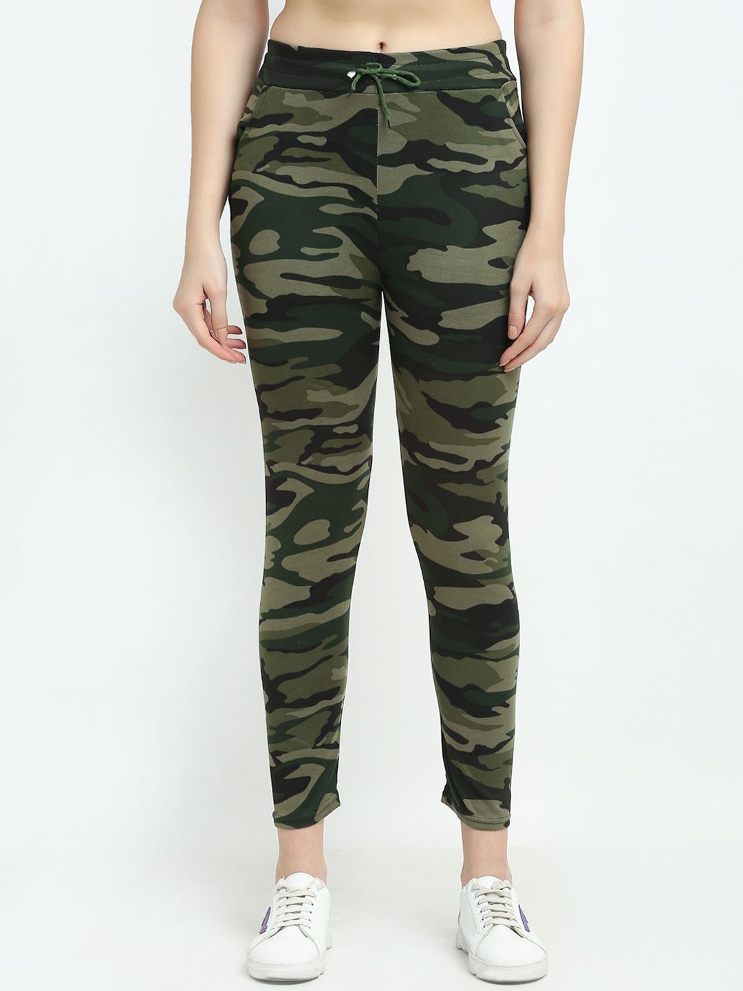 TAG 7 Women Green & Brown Camouflage Printed Trousers Price in India