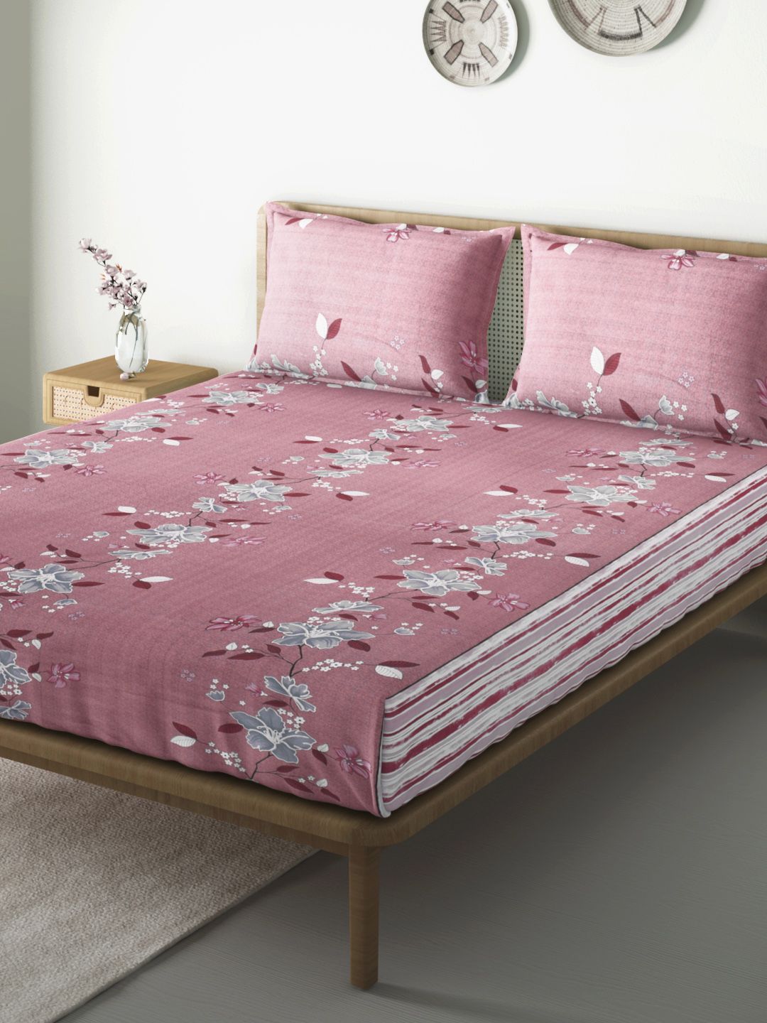 Aura Pink & Grey Cotton Floral Printed 144 TC Queen Bedsheet with 2 Pillow Covers Price in India