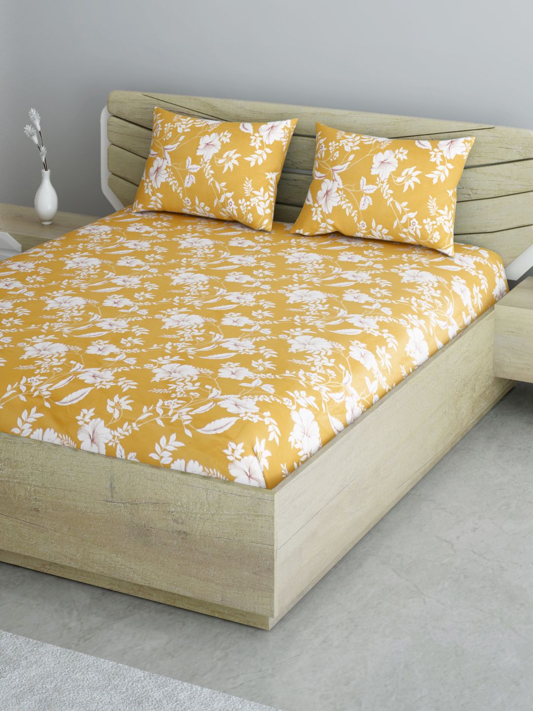 Aura Mustard Yellow & White Floral 144 TC 120 GSM Cotton Queen Bedsheet & 2 Pillow Covers Price in India