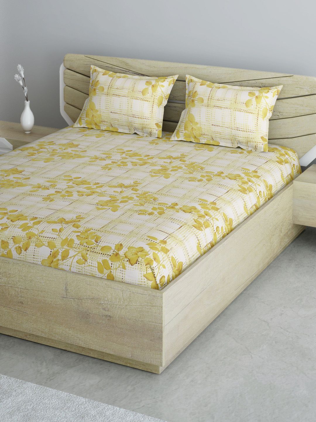 Aura Mustard Yellow & White Cotton Floral 144 TC 120 GSM Queen Bedsheet & 2 Pillow Covers Price in India