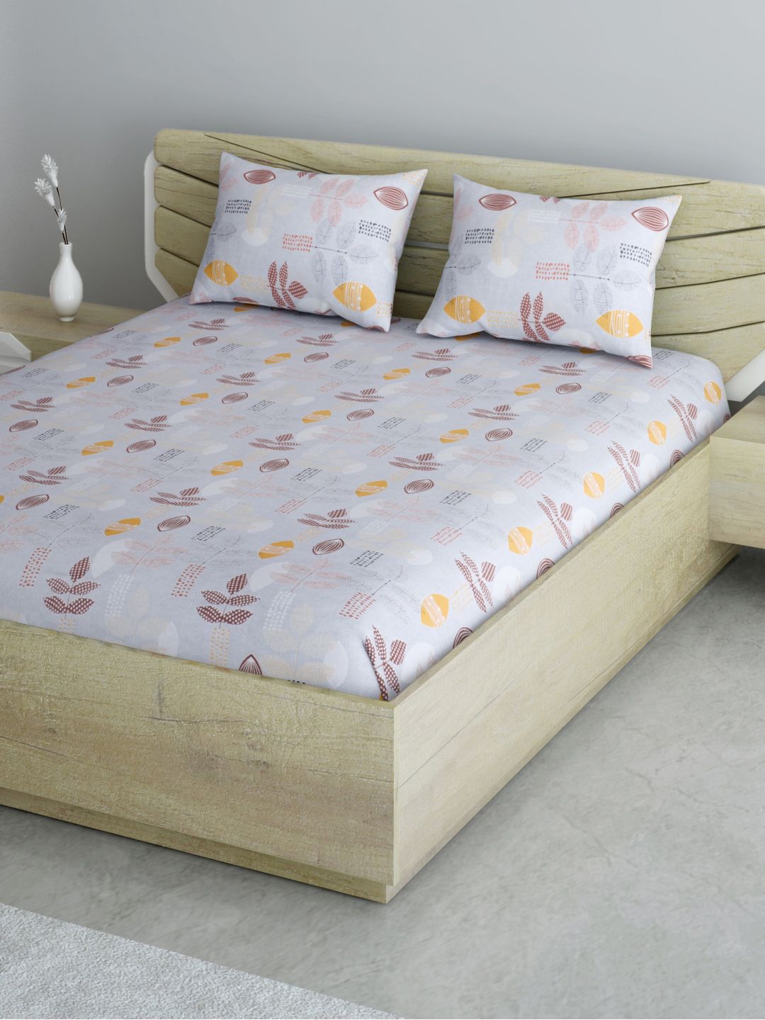 Aura Grey & Brown Cotton Printed 144 TC Queen Bedsheet with 2 Pillow Covers Price in India