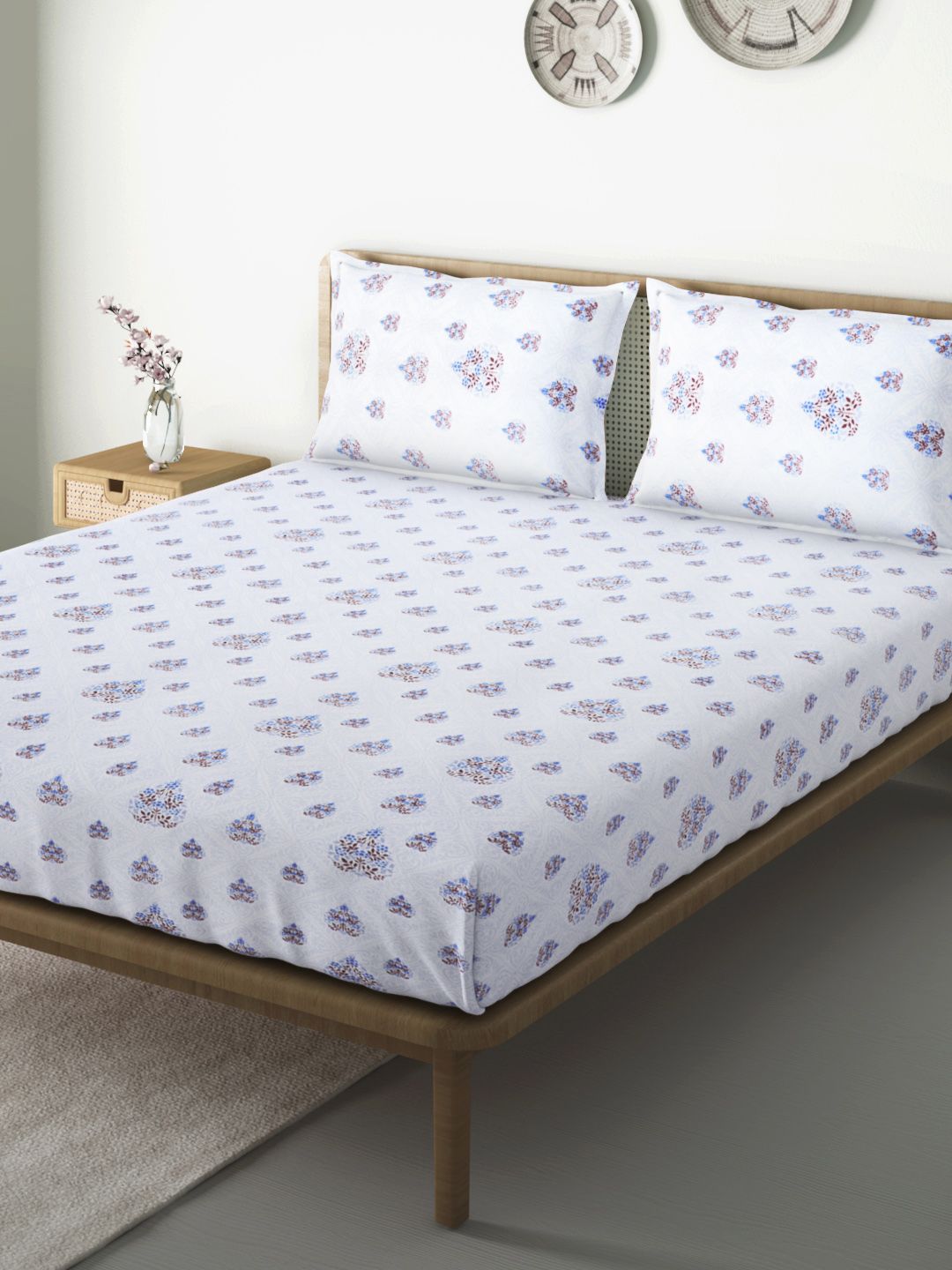 Aura White & Blue Ethnic Motifs 144 TC 120 GSM Cotton Queen Bedsheet with 2 Pillow Covers Price in India