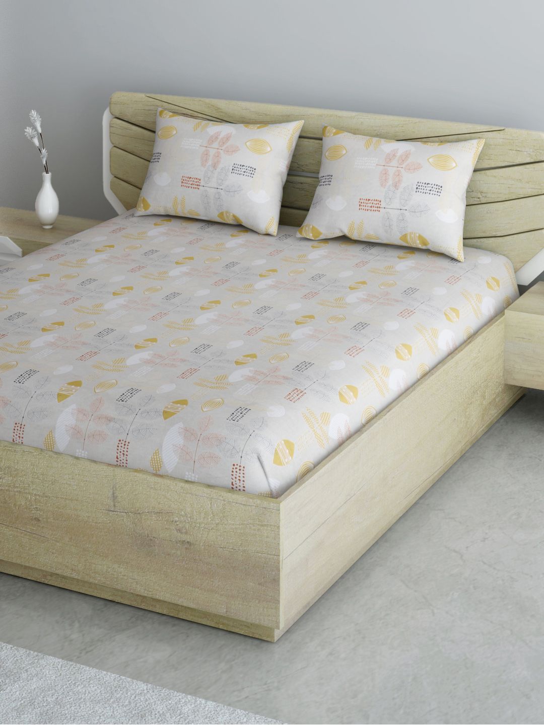 Aura Taupe & Mustard Yellow Cotton Floral Print 144 TC Queen Bedsheet with 2 Pillow Covers Price in India