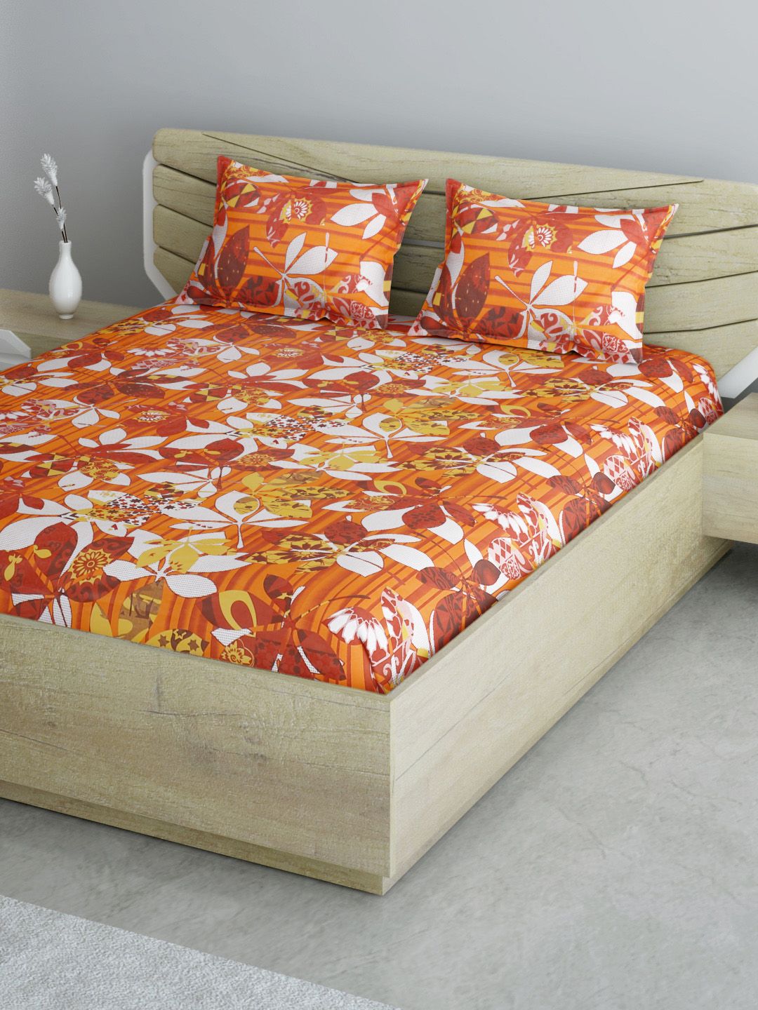 Aura Orange & Yellow Floral 144 TC 120 GSM Queen Bedsheet with 2 Pillow Covers Price in India