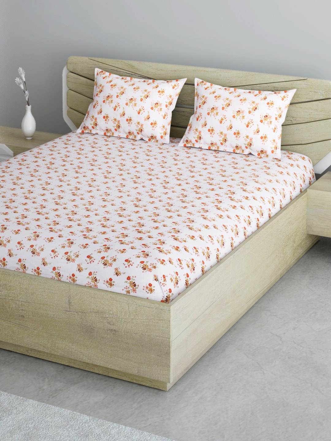Aura White & Orange Pure Cotton Floral 120 GSM Queen Bedsheet with 2 Pillow Covers Price in India