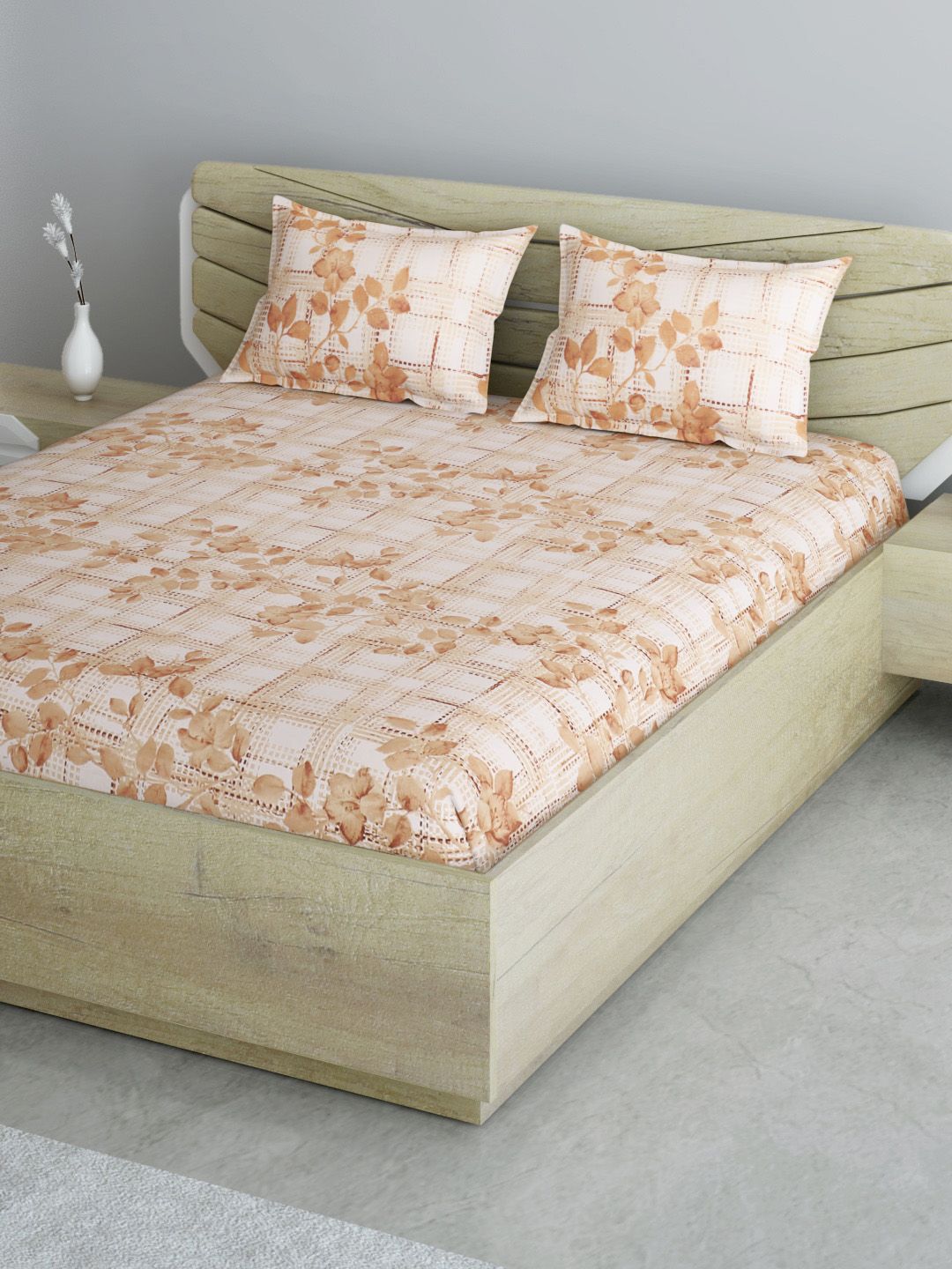 Aura Brown & Cream-Coloured Floral 144 TC 120GSM Queen Bedsheet with 2 Pillow Covers Price in India