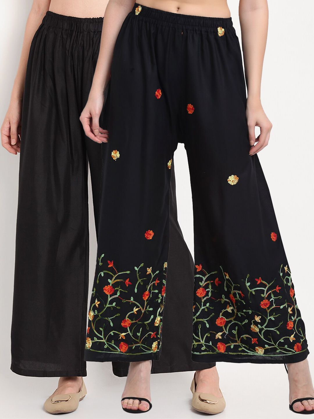 TAG 7 Women Black & Green Set of 2 Embroidered Palazzos