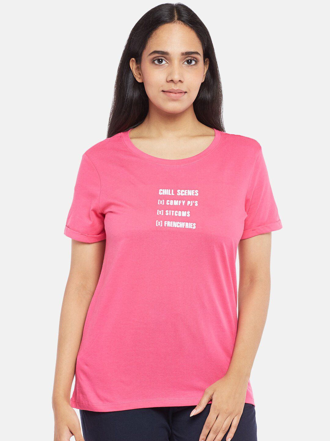 Dreamz by Pantaloons Women Pink & White Typography Printed Cotton Lounge T-shirt Price in India