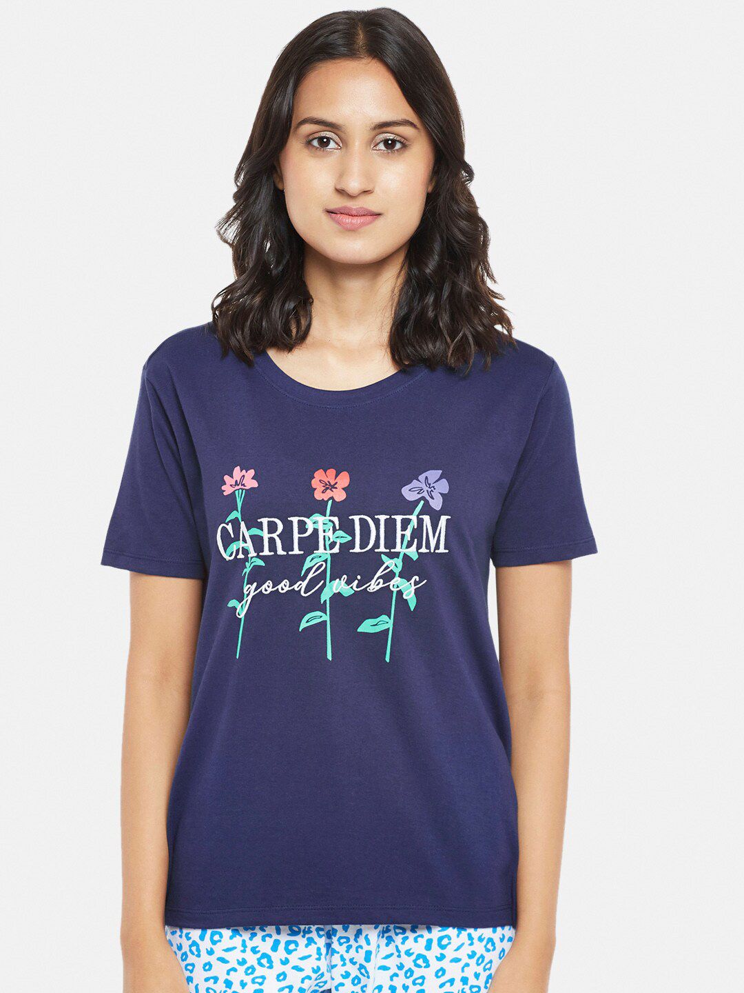 Dreamz by Pantaloons Women Navy Blue & White Typography Printed Cotton Lounge T-shirt Price in India