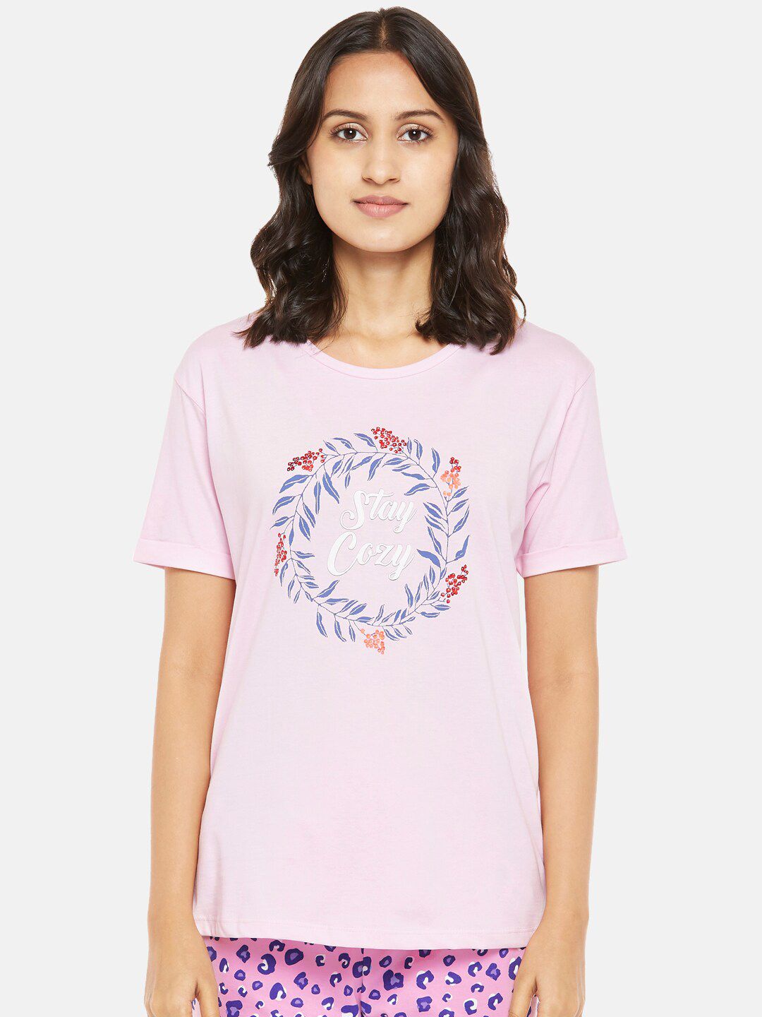 Dreamz by Pantaloons Women Pink & White Typography Printed Cotton Lounge T-shirt Price in India