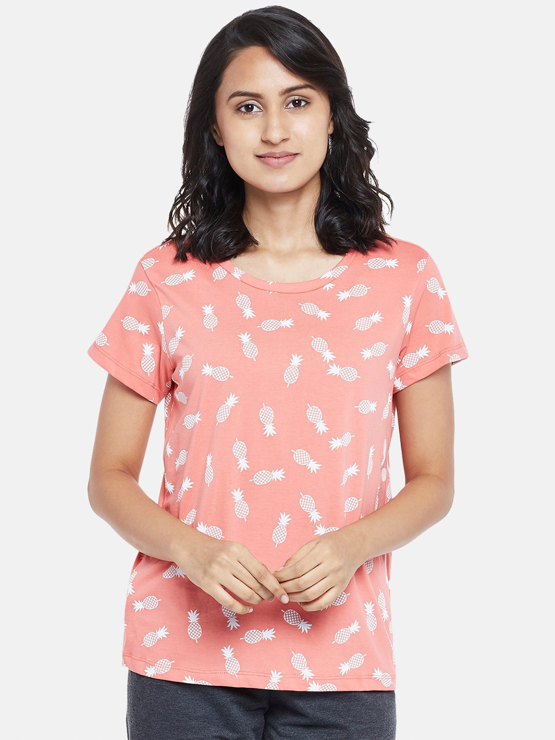 Dreamz by Pantaloons Women Pink & White Printed Cotton Lounge T-shirt Price in India