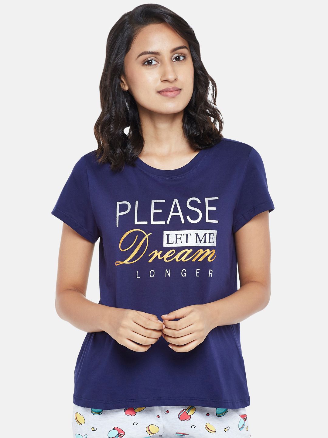 Dreamz by Pantaloons Navy Blue & White Typography Printed Regular Cotton Lounge T-shirt Price in India