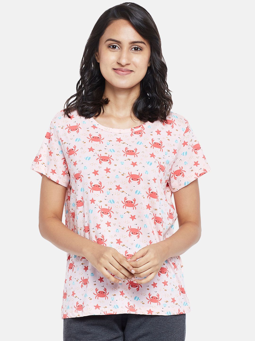 Dreamz by Pantaloons Women Pink & Blue Printed Cotton Lounge T-shirt Price in India