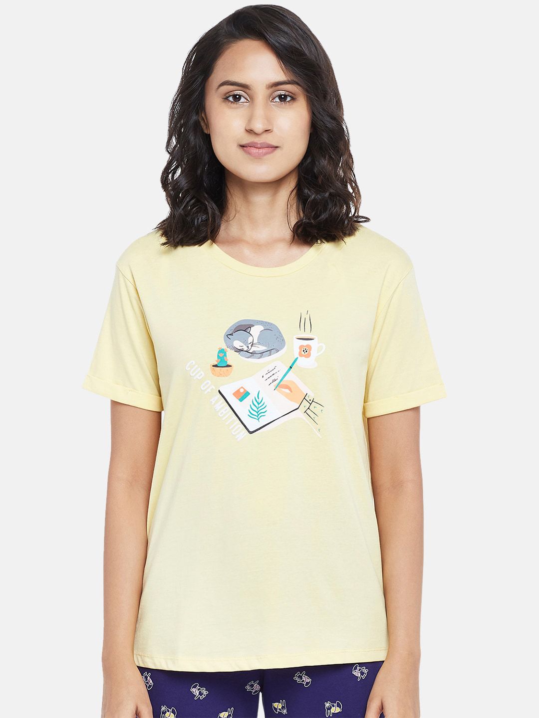 Dreamz by Pantaloons Women Mustard Yellow & White Printed Cotton Lounge T-shirt Price in India