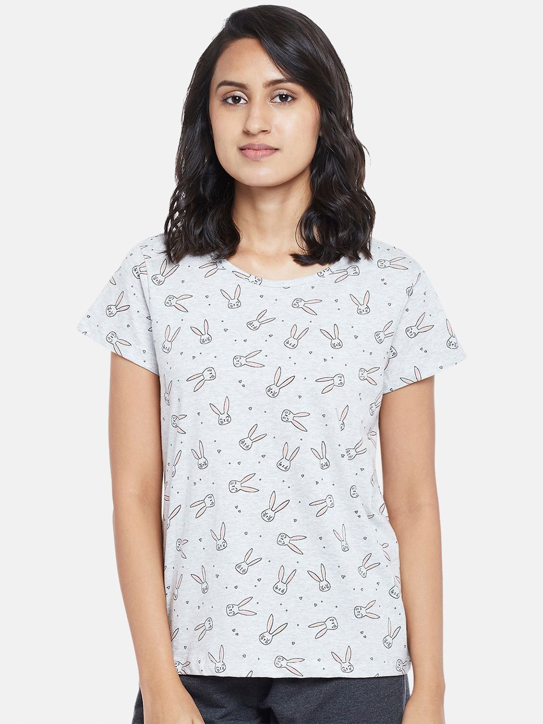 Dreamz by Pantaloons Women Grey & Black Conversational Printed Cotton Lounge T-shirt Price in India