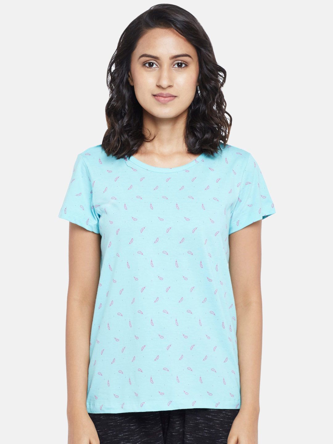 Dreamz by Pantaloons Women Blue & Pink Printed Cotton Lounge T-shirt Price in India