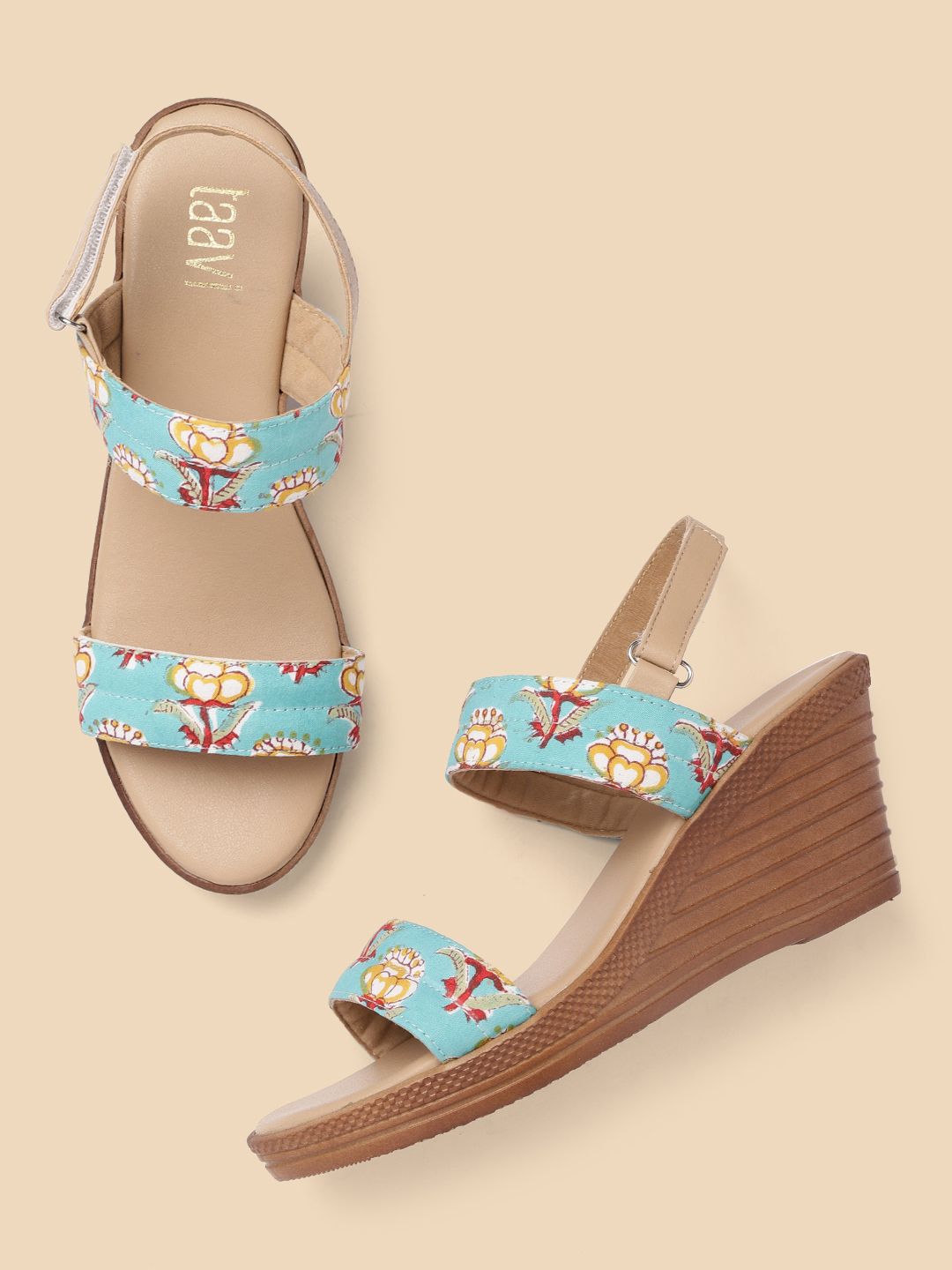 Taavi Women Blue & Mustard Yellow Floral Printed Wedges Price in India