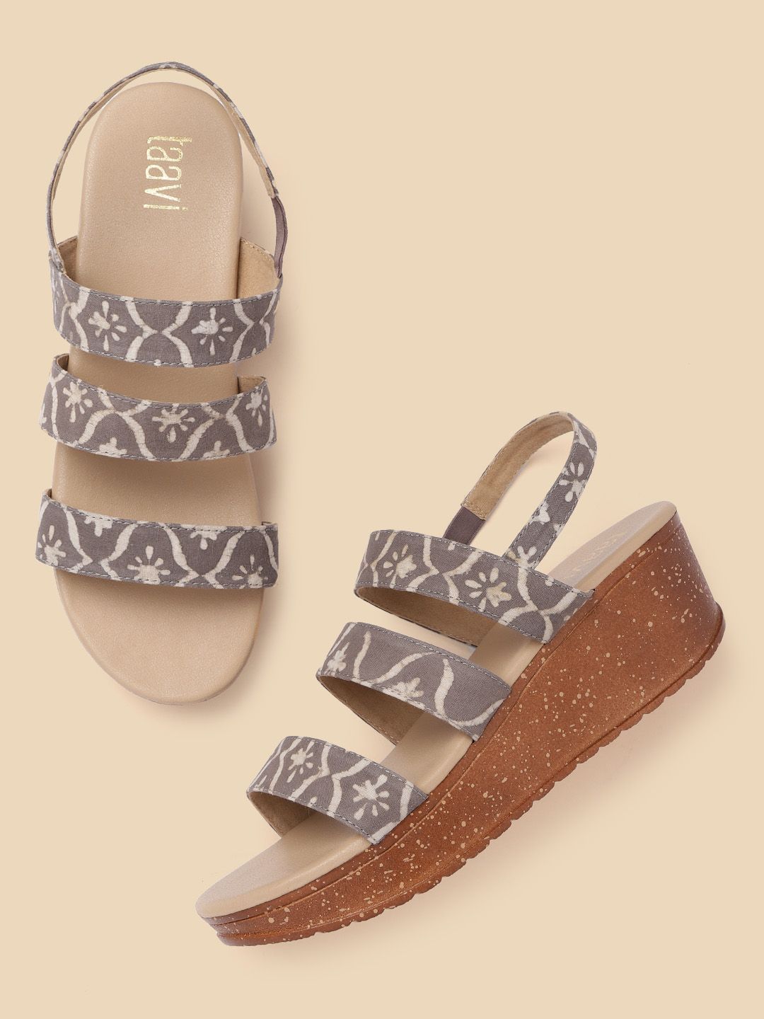 Taavi Women Grey & Beige Ethnic Motifs Printed Wedges Price in India