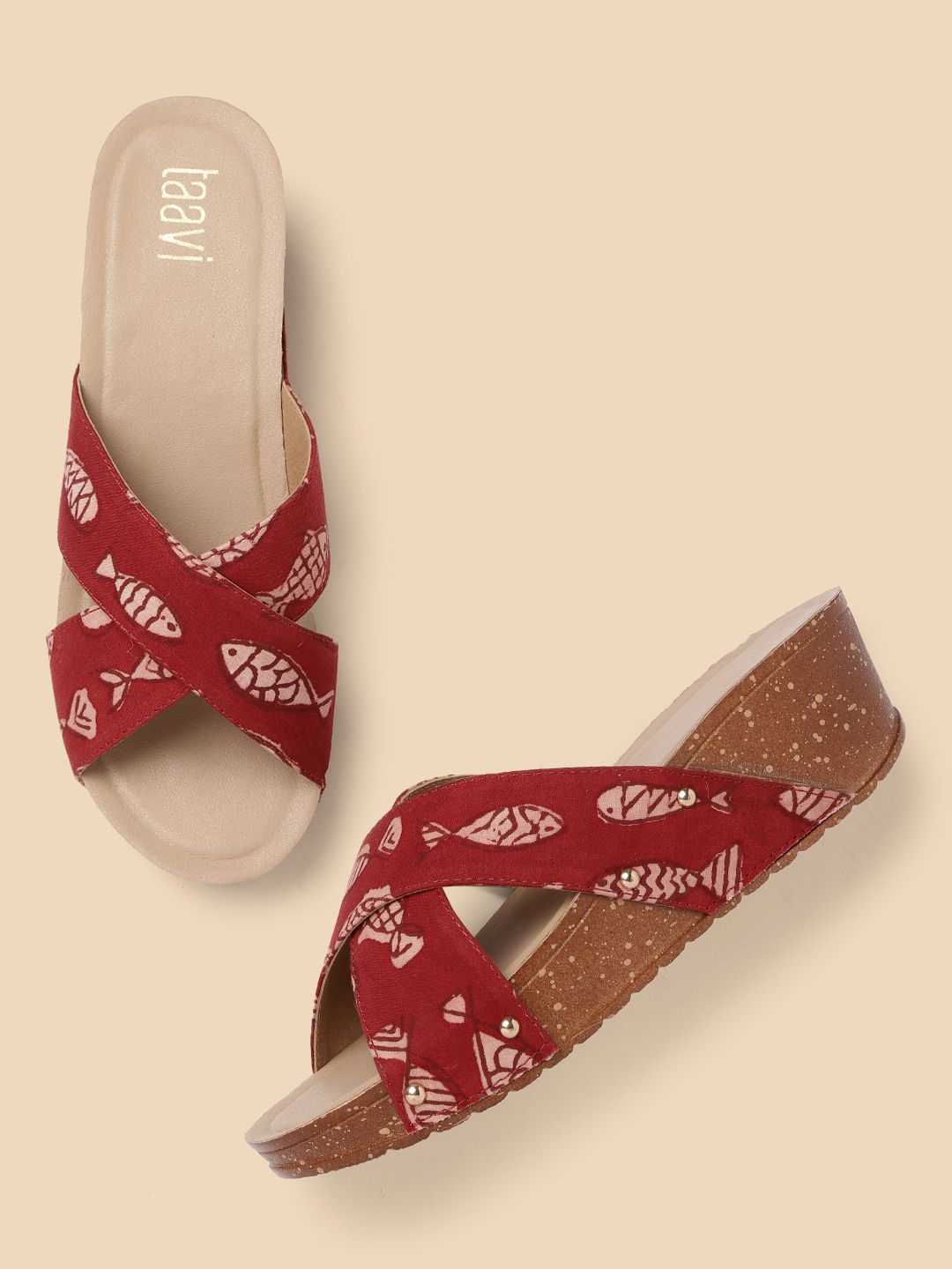 Taavi Women Maroon & Pink Fish Printed Wedges with Criss-Cross Detail Price in India