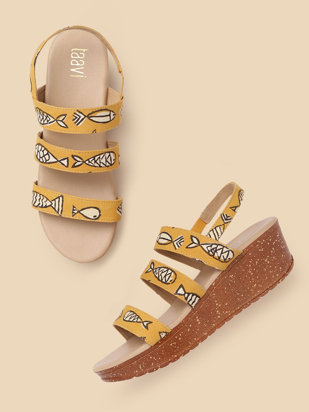 Taavi Women Mustard Yellow & Beige Fish Printed Wedges Price in India