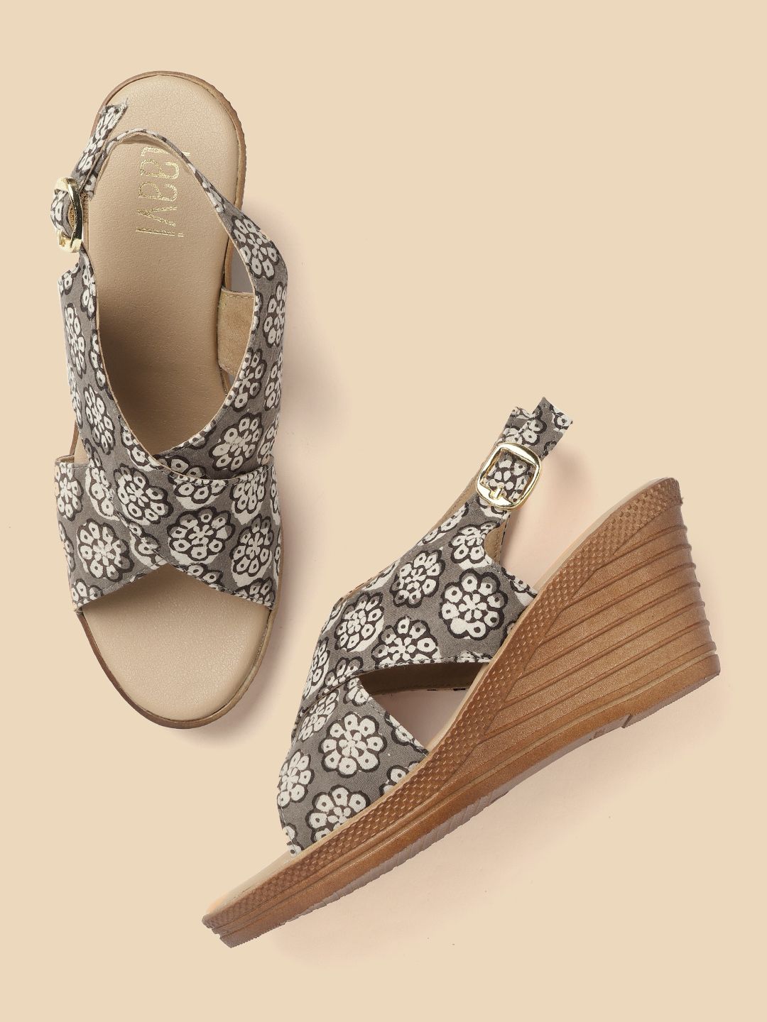 Taavi Women Grey & Off-White Ethnic Printed Criss-Cross Open-Toe Wedges Price in India