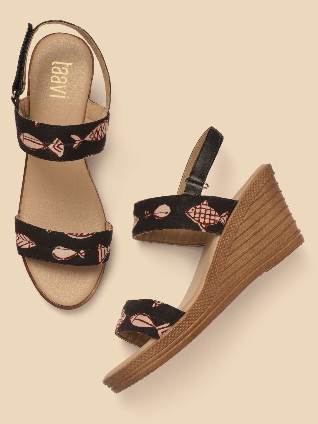 Taavi Women Black & Beige Ethnic Printed Open Toe Wedges Price in India