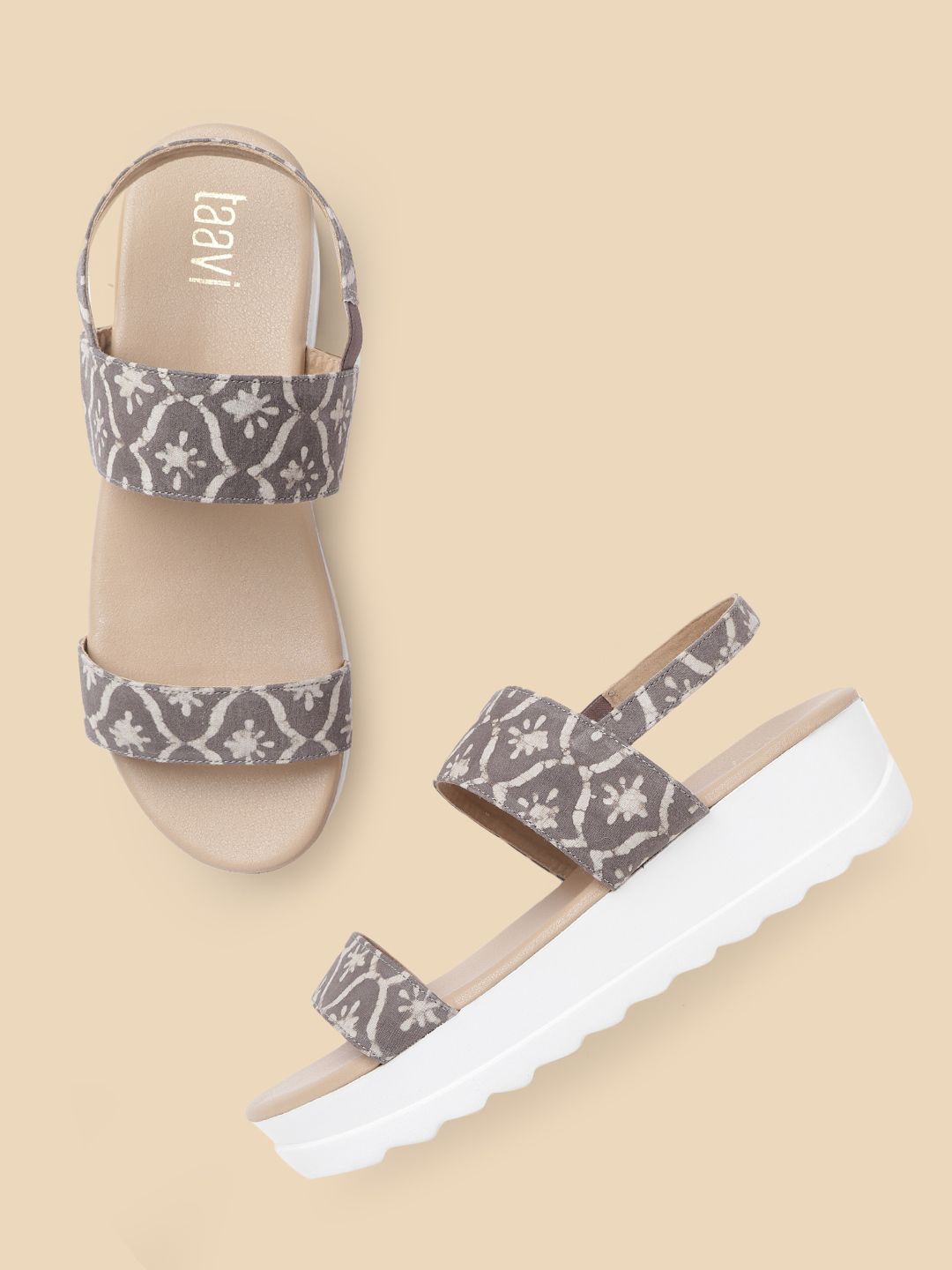 Taavi Women Taupe & Off-White Ethnic Printed Open Toe Flatforms Price in India