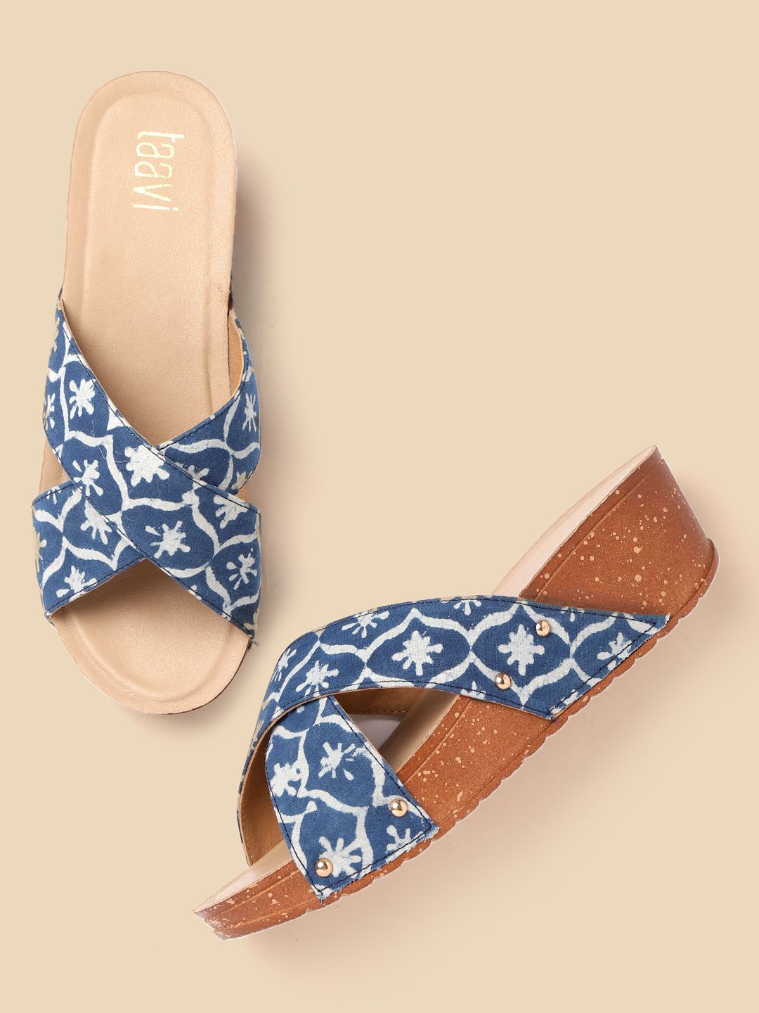 Taavi Women Navy Blue & Grey Ethnic Motifs Printed Wedges with Criss-Cross Detail Price in India