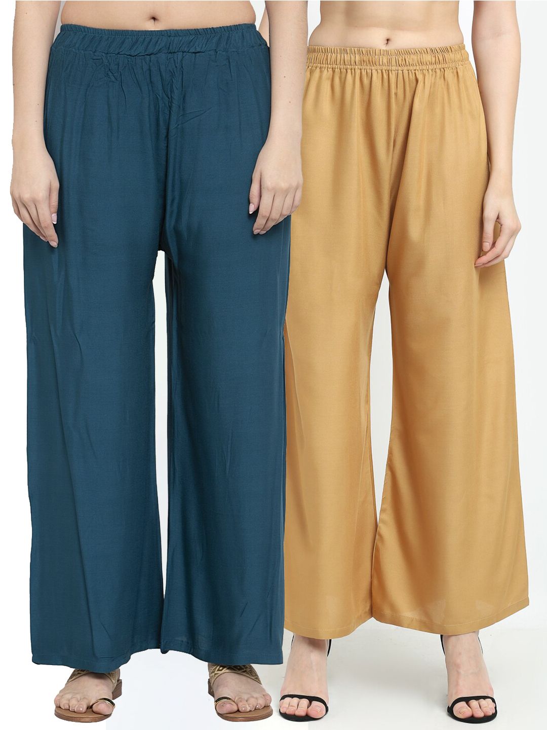 TAG 7 Women Pack of 2 Blue & Beige Solid Wide-Leg Palazzos Price in India