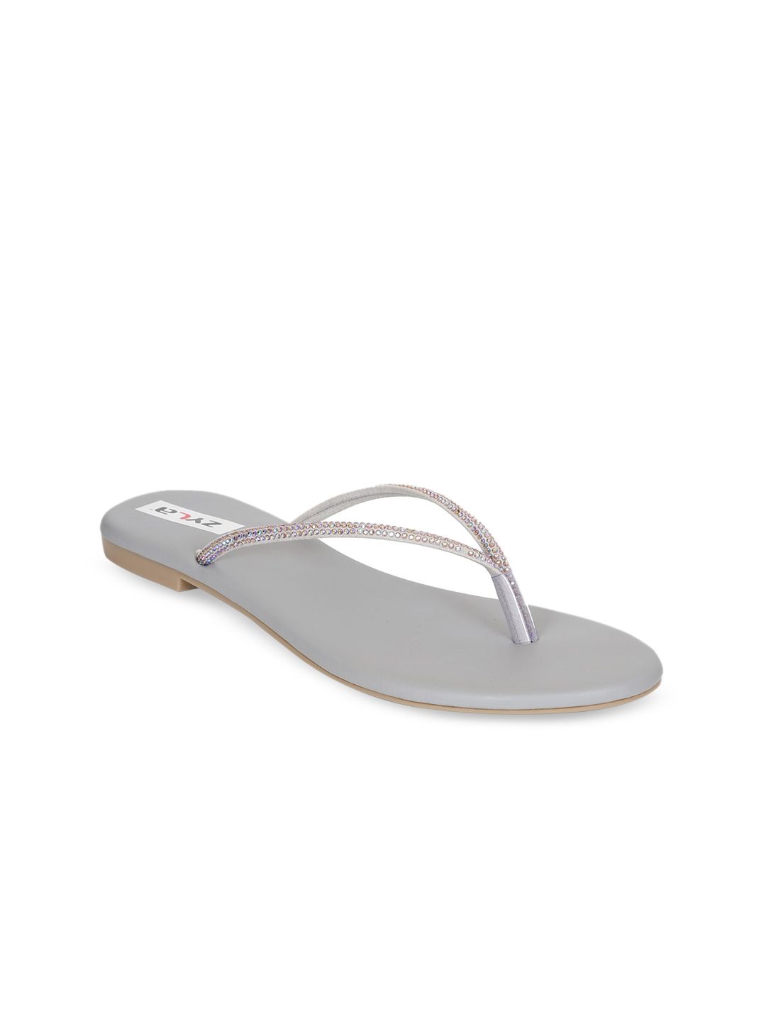 Zyla Women Grey Embellished T-Strap Flats