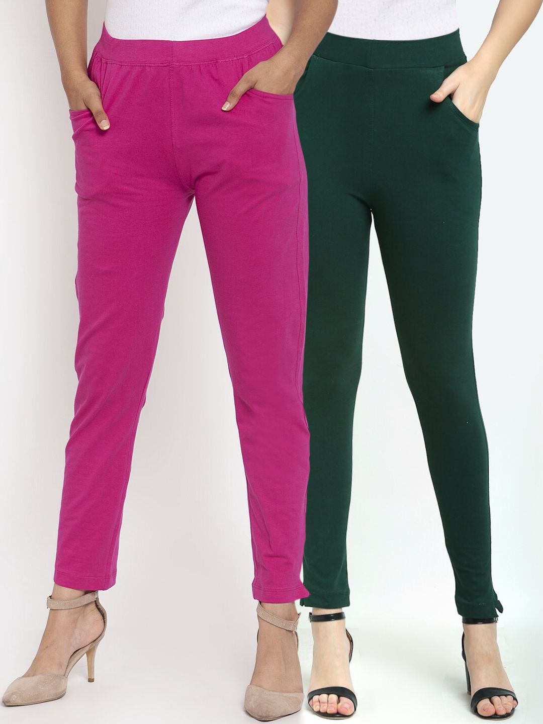 TAG 7 Women Set of 2 Green & Pink Solid Ankle-Length Leggings Price in India