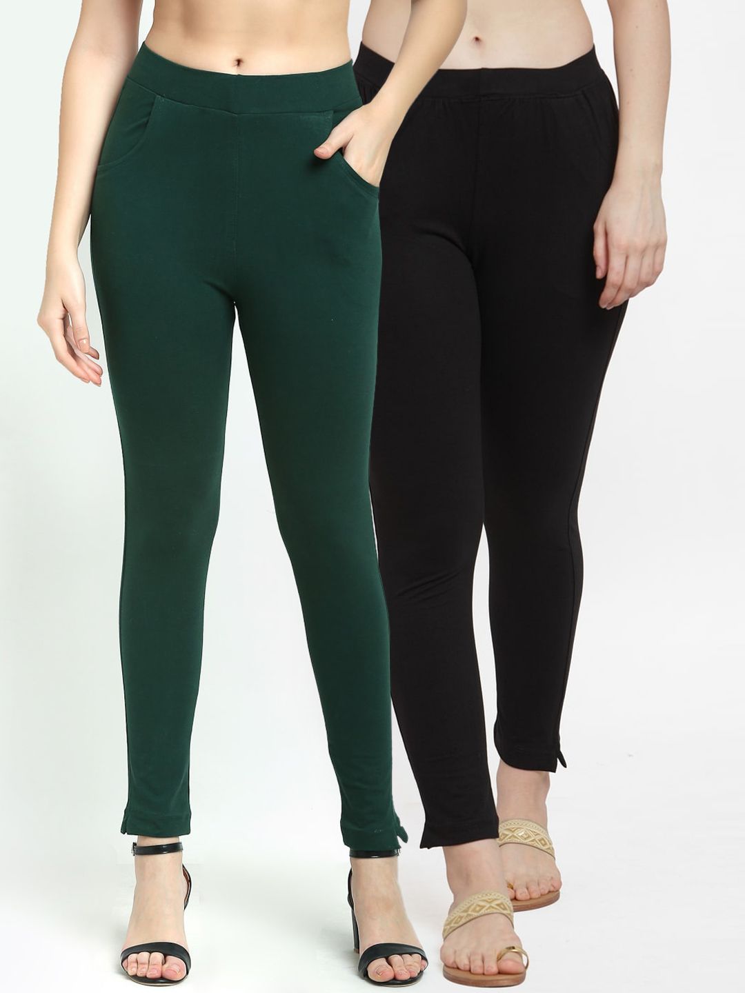 TAG 7 Women Set of 2 Green & Black Solid Ankle-Length Leggings Price in India