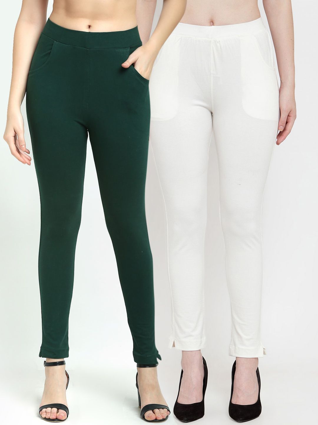 TAG 7 Women Set of 2 Green & White Solid Ankle-Length Leggings Price in India